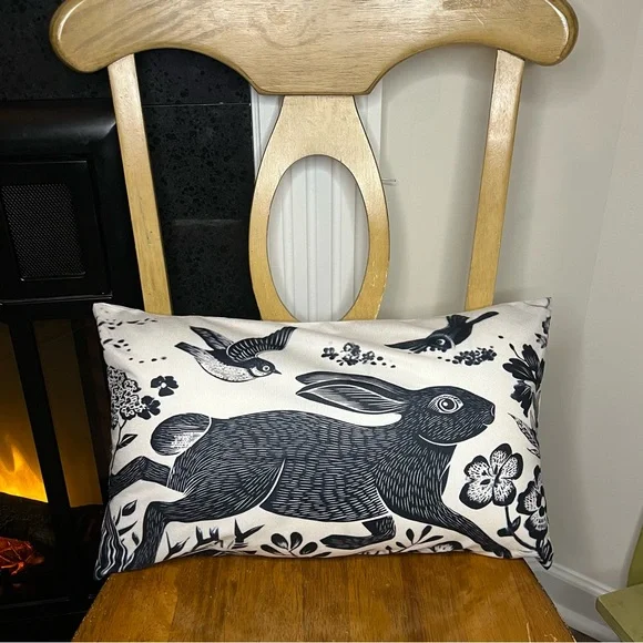 Set of 2 Folk Art Hare Lumbar Pillow Covers, Black & White Woodland, Cottagecore - Picture 5 of 6